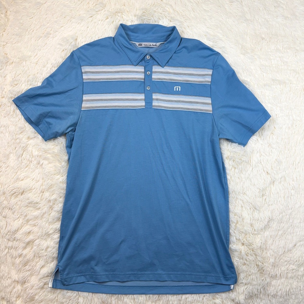 Travis Mathew Polo Shirt Mens Large Blue Striped Short Sleeve Golf Top